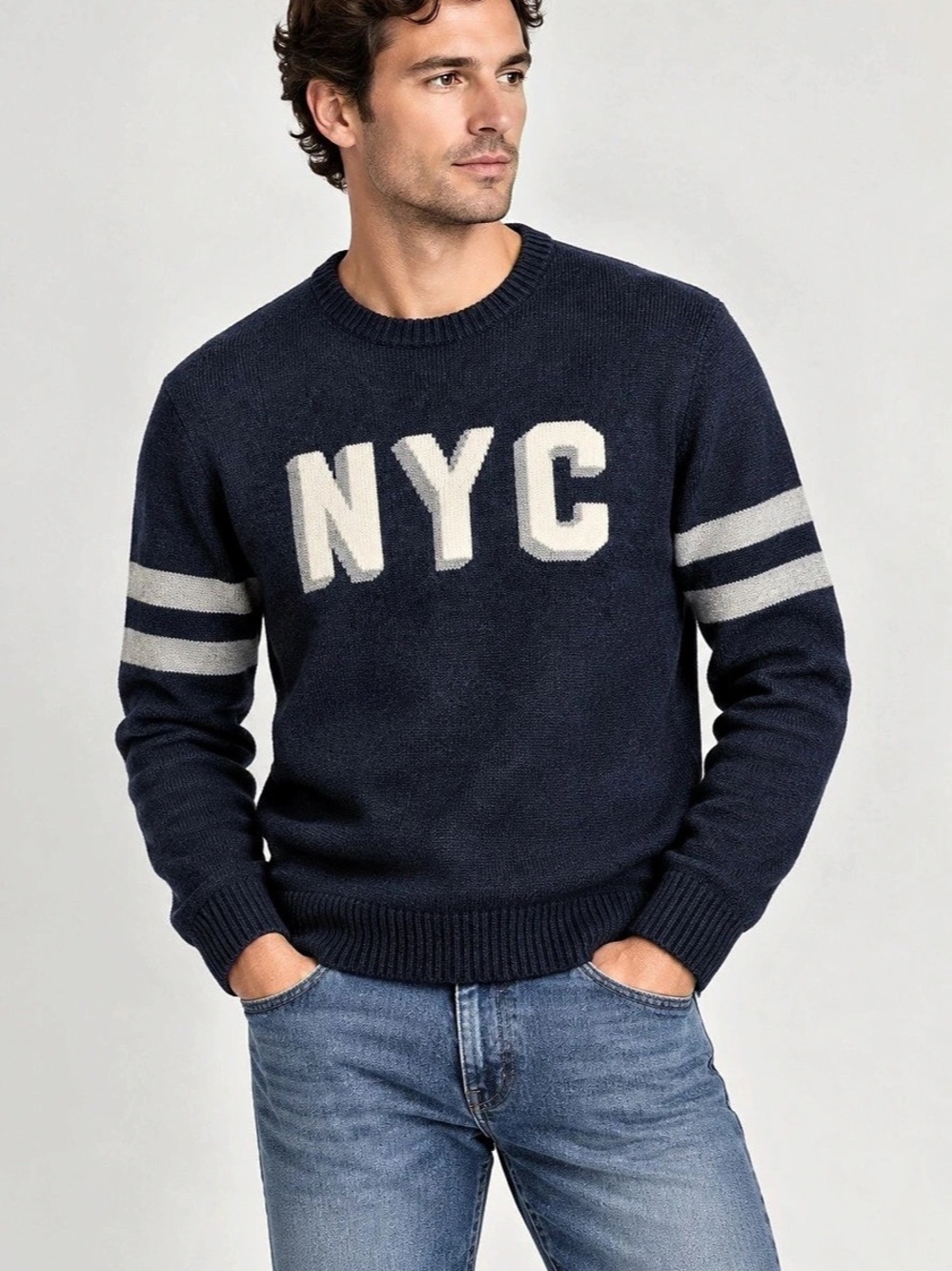 GAP Men’s NYC Merino Wool Blend Varsity Sweater Navy XS EUC